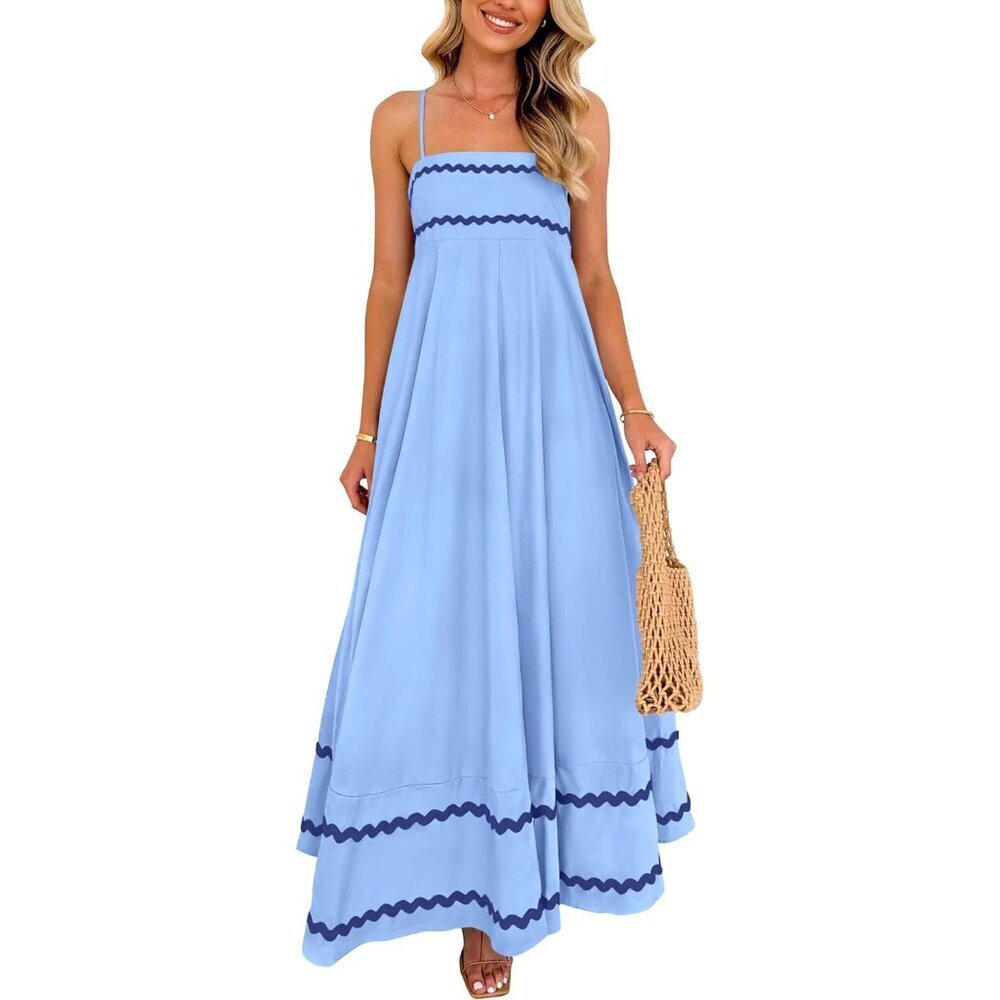 Women's Light Blue Summer Maxi Dress Spaghetti Strap Ruffle Beach Long
